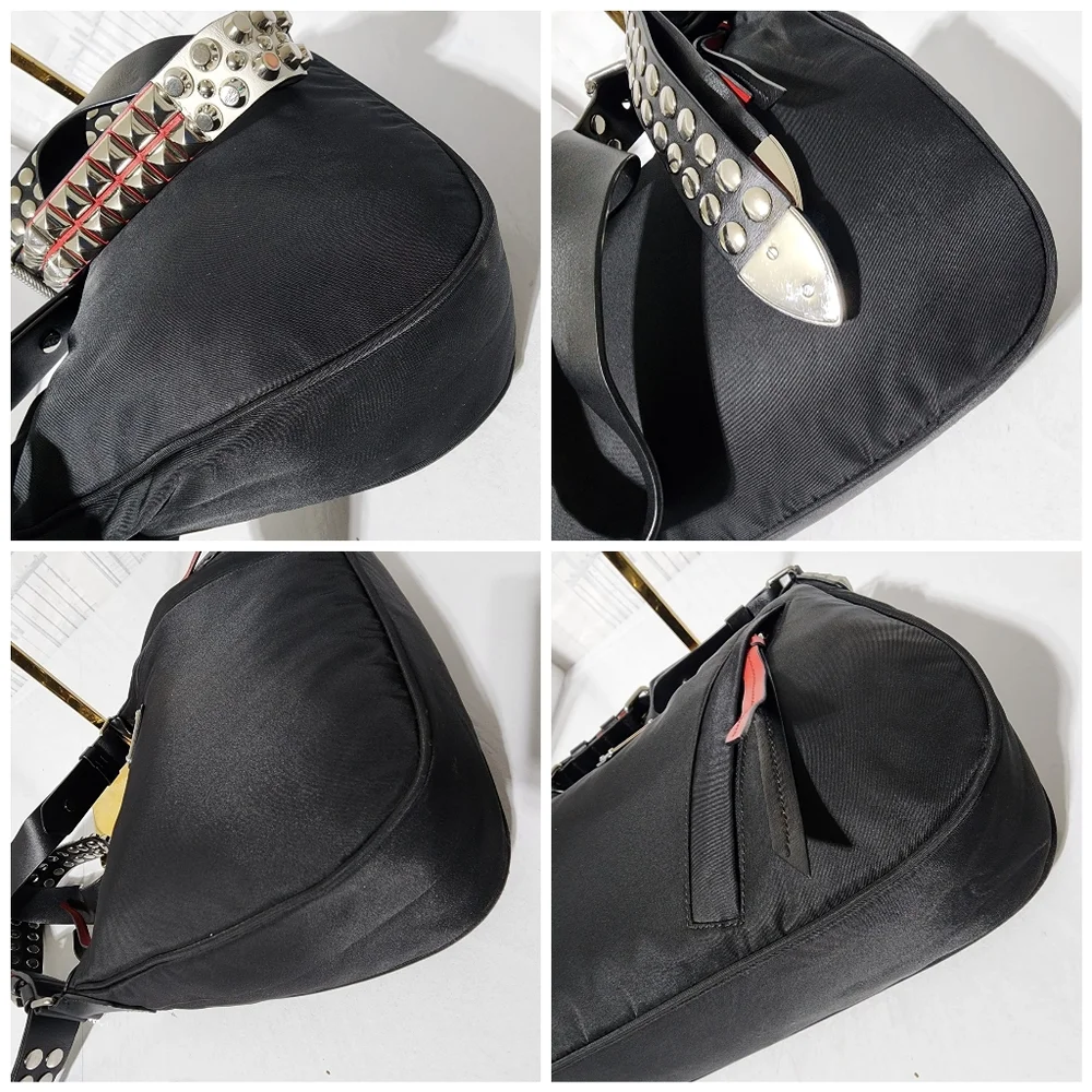 PRADA Tessuto Nylon Studded New Vela Hobo Bag Black